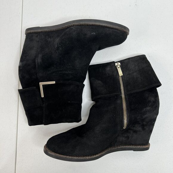 Johnston & Murphy Size 7.5 Brynn Cuff Wedge Bootie Black Oiled Suede Ankle Boots - Picture 5 of 11